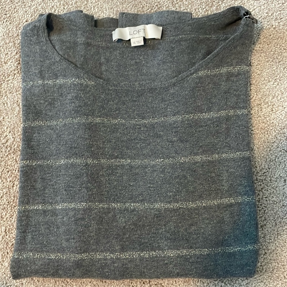 LOFT Grey scoop neck sweater w/ stripes- size XL